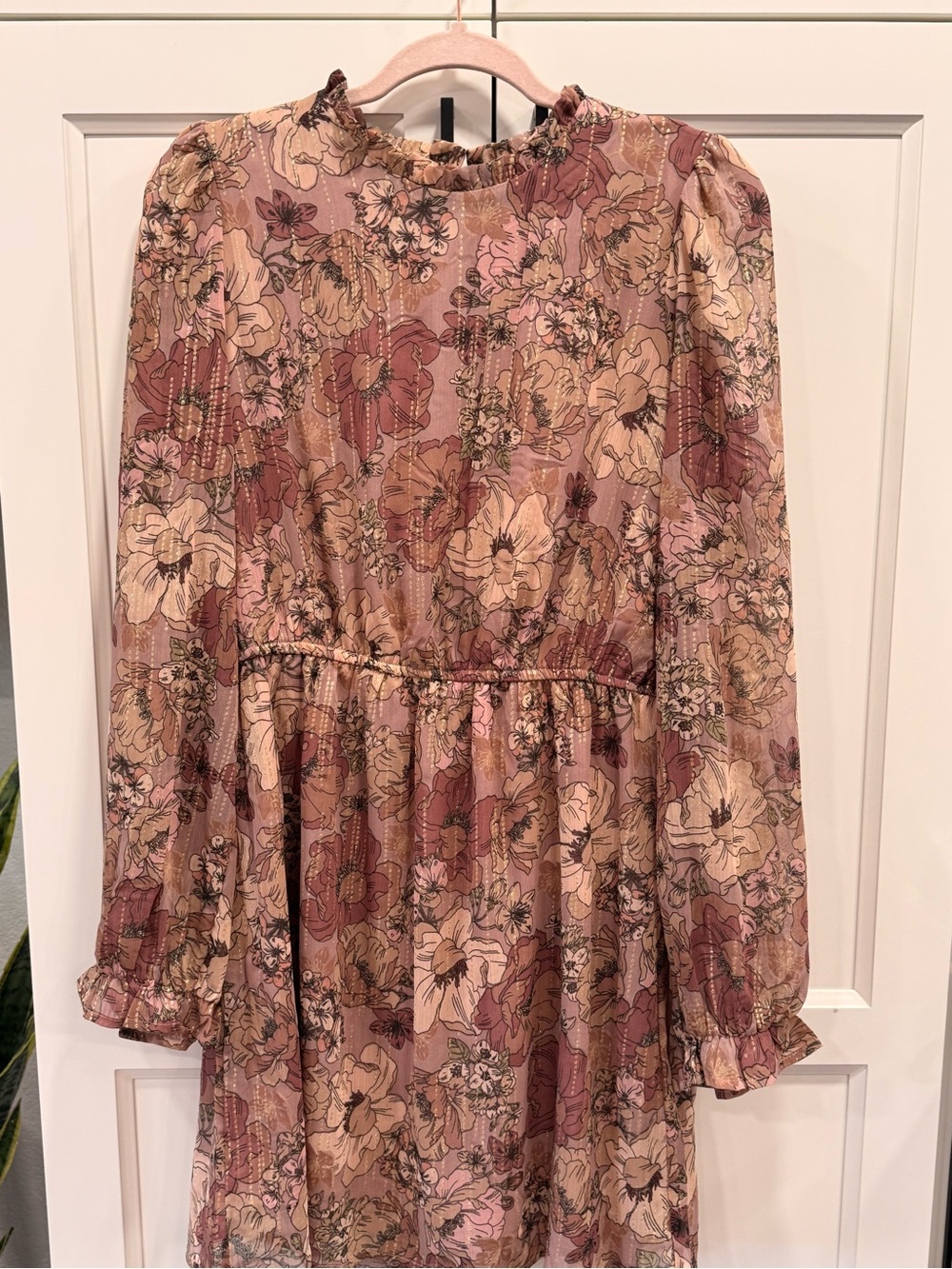 ANDREE BY UNIT Pink & Cream Floral Metallic-Thread Long Sleeve Dress